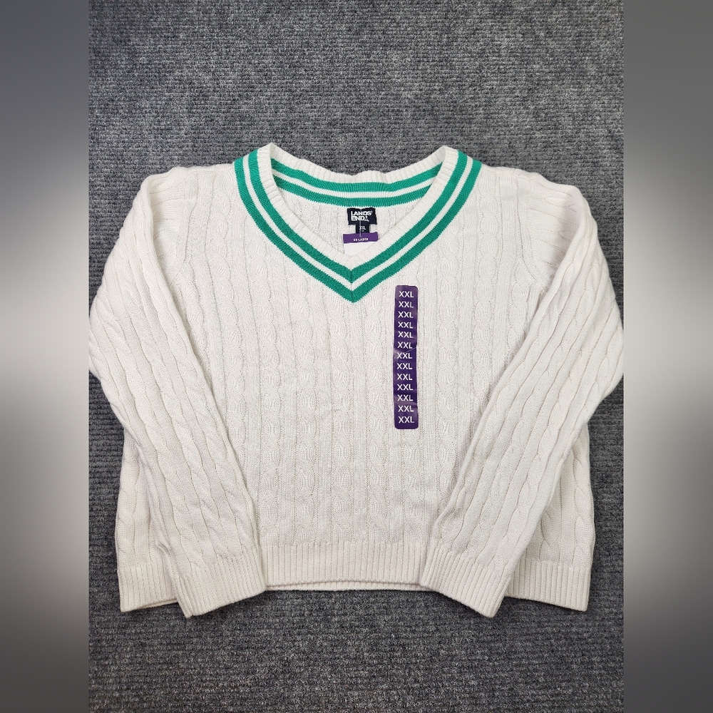 Lands End Tennis Cable Knit Drifter Sweater Womens XXL Preppy V-neck White Green